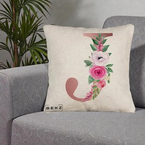 Cadou Personalizat - Perna Personalizata Monograma Rose Gold Litera J, 40x40 cm, Bej Canapea, Husa Detasabila, Perna Inclusa, BEKZ®