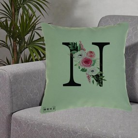 Cadou Personalizat - Perna Personalizata Monograma Florala Litera N, 40x40 cm, Verde, Husa Detasabila, Perna Inclusa, BEKZ®