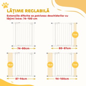 PawHut Poartă Extensibilă pentru Câini fără Șuruburi, Poartă de Siguranță Reglabilă cu 2 Extensii, 94-100 cm, Alb | Aosom Romania