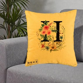 Cadou Personalizat - Perna Personalizata Monogram Litera H cu Flori Acuarela, 40x40 cm, Galben, Husa Detasabila, Perna Inclusa, BEKZ®
