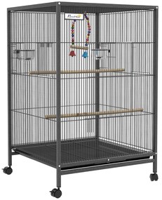 PawHut Colivie pentru Păsări cu Suport Rulant, Colivie cu Leagăn, Tavă Detașabilă, și Boluri din Oțel Inoxidabil, 48x46x74 cm, Gri | Aosom Romania