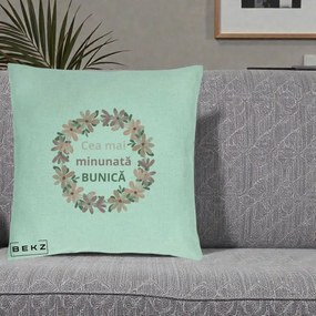 Cadou pentru Bunica - Perna Personalizata Cea Mai Minunata Bunica Coronita Flori Roz, 40x40 cm, Verde Menta, Husa Detasabila, Perna Inclusa, BEKZ®