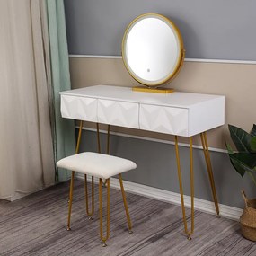 Set TABOR, Masa de toaleta pentru machiaj, cu oglinda iluminata banda LED, 3 sertare, scaun, Alb, 100 cm