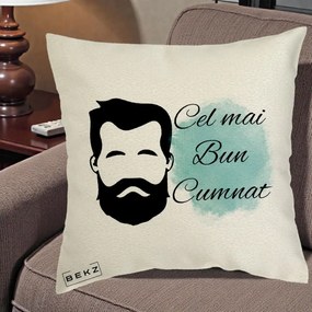 Cadou pentru Cumnat - Perna Personalizata Cel mai Bun Cumnat cu Portret Barbat si Pete Teal, 40x40 cm, Ecru, Husa Detasabila, Perna Inclusa, BEKZ®