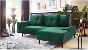Colțar extensibil din catifea și șezlong pe partea dreaptă Bobochic Paris Hera Bis, verde