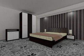 Dormitor Luiza 3U5PTM, culoare magia (wenge) / alb, cu pat tapiterie maro 140 x 200, dulap cu 3 usi 123 cm, comoda si 2 noptiere