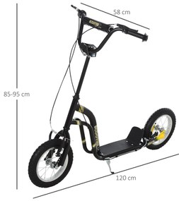 HOMCOM Trotinetă pentru copii 5-12 ani cu roți mari pneumatice de 12", trotinetă copii cu dublă frână, înălțime reglabilă și suport lateral, scooter cu o capacitate de încărcare de până la 100 kg, cadru din oțel, negru | Aosom Romania