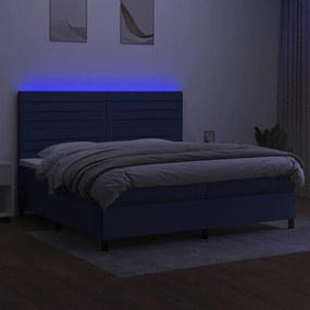 Pat cu arcuri, saltea si LED, albastru, 200x200 cm, textil Albastru, 200 x 200 cm, Benzi orizontale