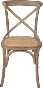 Scaun dining din lemn masiv și răchită, maro, cu spătar în X prins în șuruburi și șezut împletit, finisaj natur, 88 x 42 x 44 cm, „Odile”