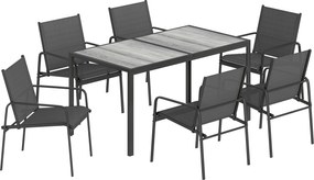 Outsunny Set de Prânz pentru Exterior, 7 Piese pentru 6 Persoane, Masă cu Efect de Lemn și Scaune cu Șezut Respirabil, Set Mobilier de Grădină cu Cadru din Oțel Galvanizat, Negru | Aosom Romania