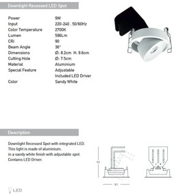 Spot LED reglabil Trimless 9W 2700K alb