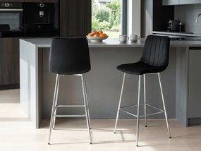 Scaun de bar POZZA VELVET cu picioare argintii, negru