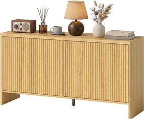 HOMCOM Bufet living, mobilier de depozitare cu 4 uși canelate, raft reglabil, deschidere prin apăsare, 147x40x77cm, stejar | Aosom Romania