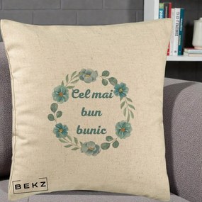 Cadou pentru Bunic - Perna Personalizata Cel Mai Bun Bunic Coronita Flori Albastre Teal, 40x40 cm, Bej, Husa Detasabila, Perna Inclusa, BEKZ®