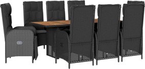 vidaXL Set mobilier de grădină cu perne, 9 piese, negru, poliratan