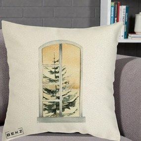 Perna Decorativa Fereastra cu Brad de Iarna, 40x40 cm, Ecru, Husa Detasabila, Perna Inclusa, BEKZ®
