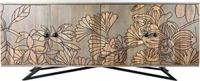 Bufet natur , din metal si lemn de mango , cu design "Grey flowers"