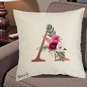 Cadou Personalizat - Perna Personalizata Monograma Rose Gold Litera A, 40x40 cm, Ecru, Husa Detasabila, Perna Inclusa, BEKZ®