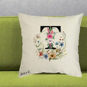 Cadou Personalizat - Perna Personalizata Monogram Litera T cu Flori Acuarela, 40x40 cm, Ecru, Husa Detasabila, Perna Inclusa, BEKZ®