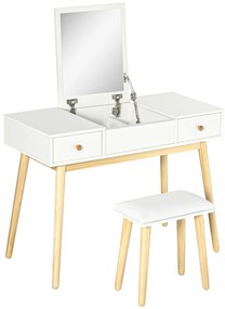 HOMCOM Set coafatoare cu taburet mirror rabatabil stil scandinav 2 sertare 100 x 45 x 118 cm, alb | Aosom Romania