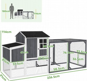 PawHut Coteț pentru găini cu tarc pentru 3-4 găini, cuib în 3 părți, suprafață 1,9 m², lemn de brad, gri | Aosom Romania