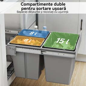 HOMCOM Cos de Gunoi Extractibil Sub Chiuveta 31L, 3 Recipiente Detasabile, 48x34,3x35,1 cm, Gri Deschis | Aosom Romania