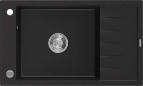 Mexen Elias chiuvetă de bucătărie din granit, cu o cuvă și scurgător, 795 x 480 mm, neagră, sifon cromat - 6511791005-77
