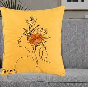 Perna Decorativa Portret Feminin Floare Portocalie Lateral, 40x40 cm, Galben, Husa Detasabila, Perna Inclusa, BEKZ®