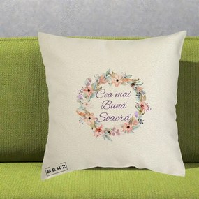 Cadou pentru Soacra - Perna Personalizata Cea mai Buna Soacra cu Coronita Flori Boho Pastel, 40x40 cm, Ecru, Husa Detasabila, Perna Inclusa, BEKZ®