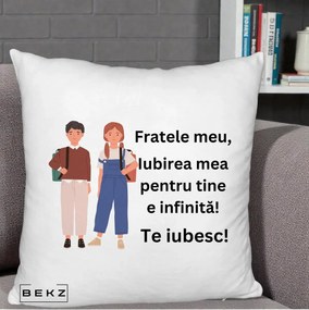 Cadou pentru Frate - Perna Personalizata Fratele Meu Te Iubesc Elevi Ilustratie Colorata, 40x40 cm, Alb Pufos, Husa Detasabila, Perna Inclusa, BEKZ®