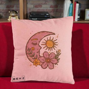 Perna Personalizata Luna si Soare Floral Boho, 40x40 cm, Roz, Husa Detasabila, Perna Inclusa, BEKZ®