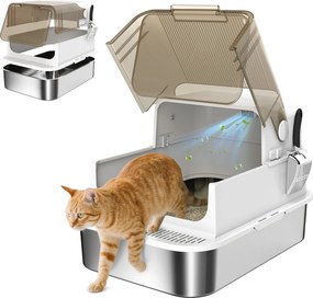 PawHut Litieră închisă din oțel inoxidabil pentru pisici, casă de toaletă pentru pisici cu paletă, 70 x 50 x 46,5 cm, alb | Aosom Romania