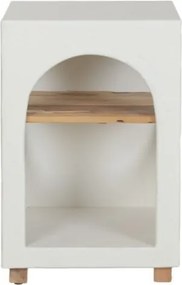 Măsuță laterală cu raft din beton decorativ și lemn reciclat, alb, cu arcadă și decupaj rotund, aspect de beton, 60 x 40 x 40 cm, „Form”
