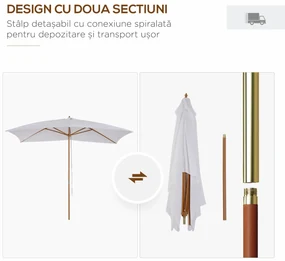 Outsunny Umbrelă de Grădină 2x3m Parasolar Impermeabil din Lemn Lacuit cu Copertină Detașabilă Alb | Aosom Romania