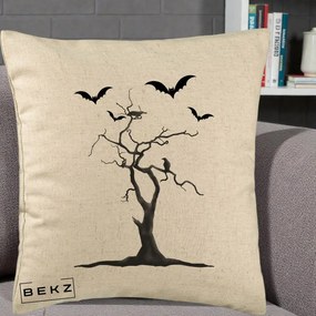 Perna Decorativa Halloween Copac cu Lilieci Alb-Negru, 40x40 cm, Bej, Husa Detasabila, Perna Inclusa, BEKZ®