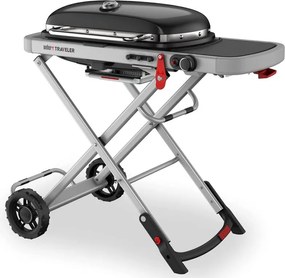 Gratar portabil pe gaz Weber Traveler WB 9010075, 3.5 kW, 63.5x34.3 cm, Grill emailat, Arzator otel inoxidabil, 2 roti, Negru/Argintiu