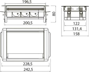 Priză încorporabilă în blat GTV, 3 prize Schuko, aluminiu, 242,5 x 158 mm Aluminiu, Aluminiu, L:242.5 mm; l:158 mm; H:80 mm
