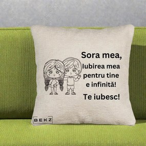 Cadou pentru Sora - Perna Personalizata Sora Mea Te Iubesc Copii Anime Line Art, 40x40 cm, Bej Canapea, Husa Detasabila, Perna Inclusa, BEKZ®