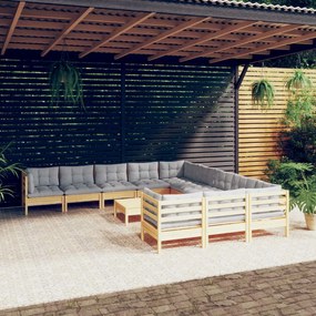 3097024 vidaXL Set mobilier de grădină cu perne, 12 piese, gri, lemn masiv pin