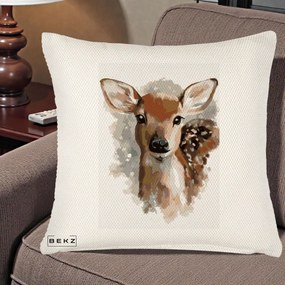 Perna Decorativa Caprioara Pui Acuarela, 40x40 cm, Crem Reliefat, Husa Detasabila, Perna Inclusa, BEKZ®