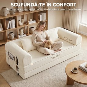 HOMCOM Canapea extensibilă 3 locuri 5 în 1, pliabilă, cu 2 perne din chenille, umplutură groasă, fără montaj, alb | Aosom Romania