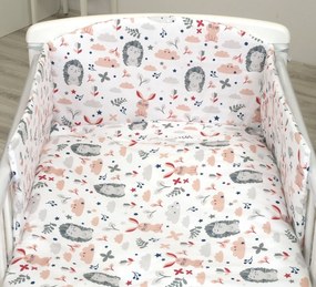 Set lenjerie din bumbac cu protectie laterala pentru pat bebe 120 x 60 cm, Iepuras Roz, Amy