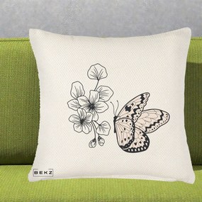 Perna Decorativa Fluture si Flori Linie Monocroma, 40x40 cm, Crem Reliefat, Husa Detasabila, Perna Inclusa, BEKZ®