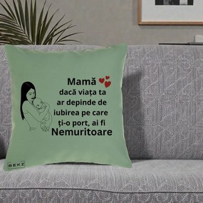 Cadou pentru Mama - Perna Personalizata Mama Nemuritoare Linie, 40x40 cm, Verde, Husa Detasabila, Perna Inclusa, BEKZ®