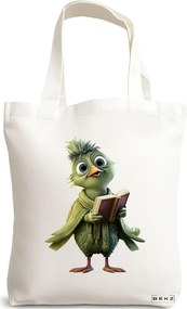 Sacosa de Panza pentru Cumparaturi, Geanta Tote, model Reading Birdie 1 38 x 34.5 cm, Alba, BEKZ®