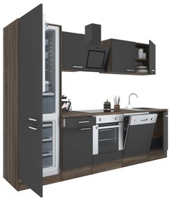 Mobilă de bucătărie Yorki 280, corp din stejar Yorki, față antracit satinat cu element inferior cuptor și frigider congelator inferior