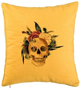 Perna Decorativa cu motiv Craniu si Flori de Halloween, 40x40 cm, Galben, Husa Detasabila, Burduf