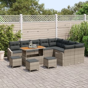 Set 12 Piese Grădină Perne Gri Ratan Polimer Acacia