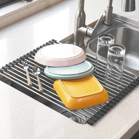 Uscator pentru vase pliabil Kinghoff KH 1903, 45x32 cm, Rezistent la coroziune, Margini din silicon, Antiderapant, Pliabil, Inox/gri