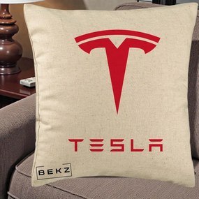 Perna Personalizata cu emblema Tesla, 40x40 cm, Bej, Husa Detasabila, Perna Inclusa, BEKZ®